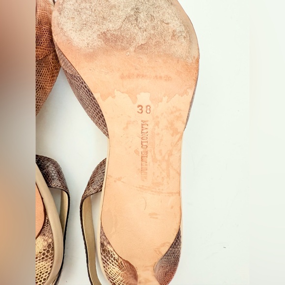 Manolo Blahnik Brown Tan Snakeskin leather embossed carolyne slingback pumps 38 - Picture 8 of 8